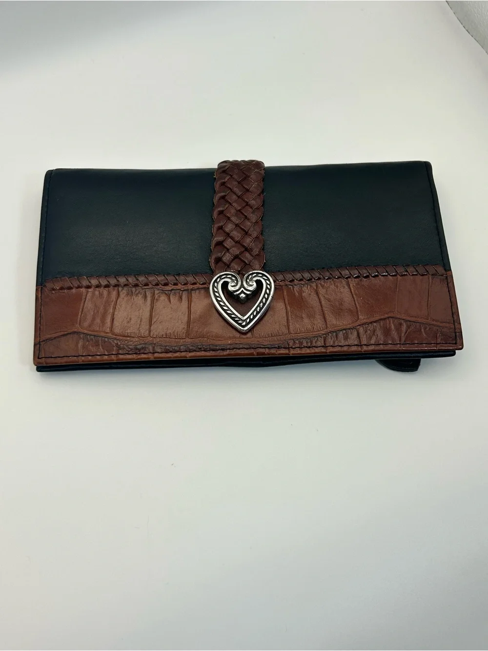 Brighton Two-tone Leather Braided Wallet Black Brown Silver Plated Heart Vintage
